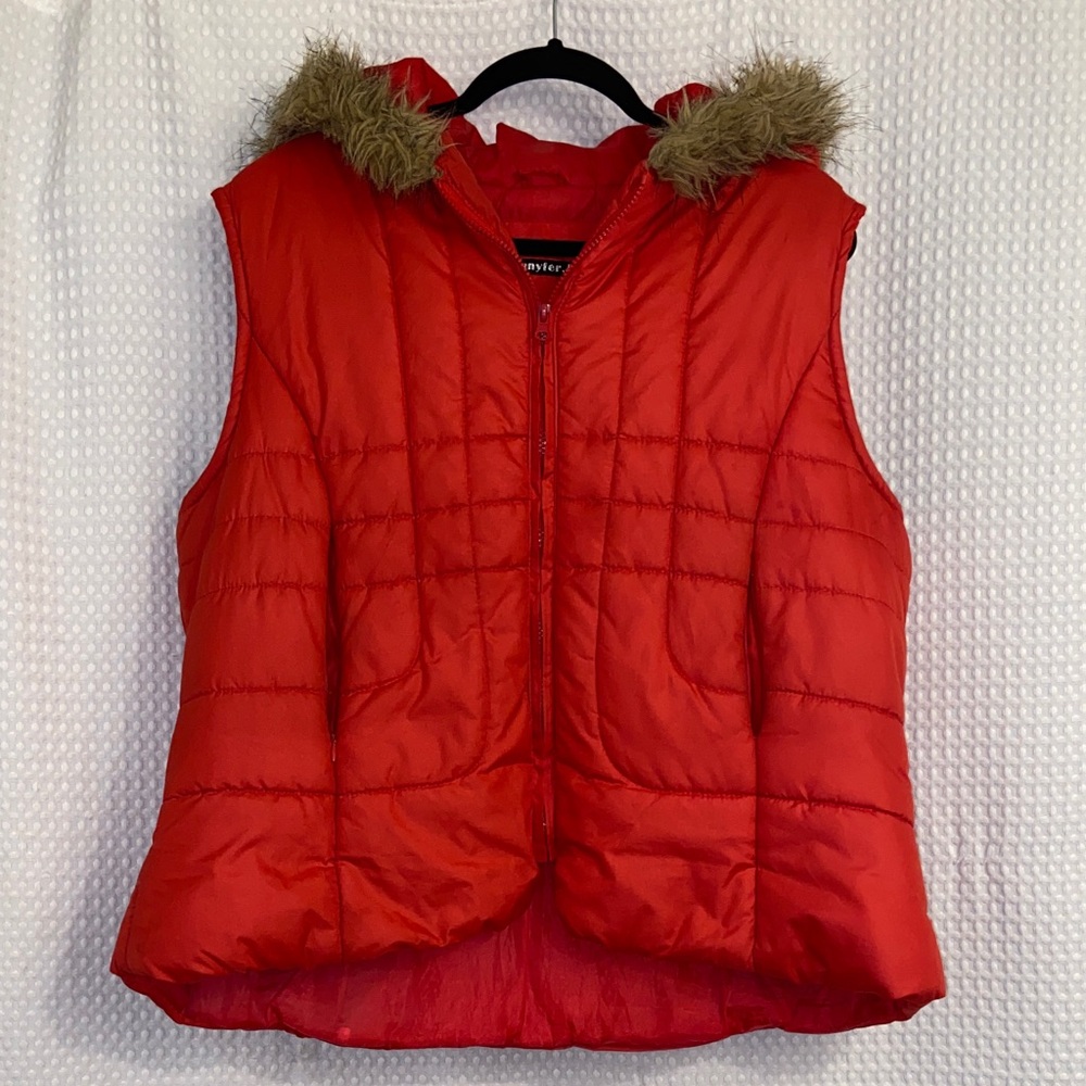 Jennifer.J Red Puffer Vest with Faux Fur Hood